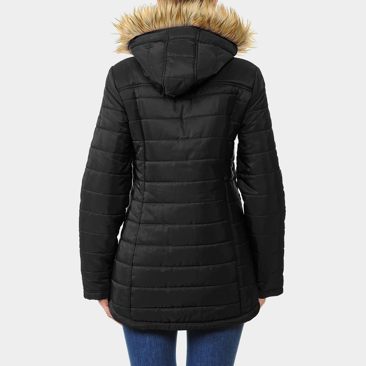 Women’s Hooded Puffer Jacket in puffer coat_bubble jacket_bubble coat_womens puffer coat_down coat_long puffer coat_puffer coat with fur hood_womens puffer coat with fur hood_Black