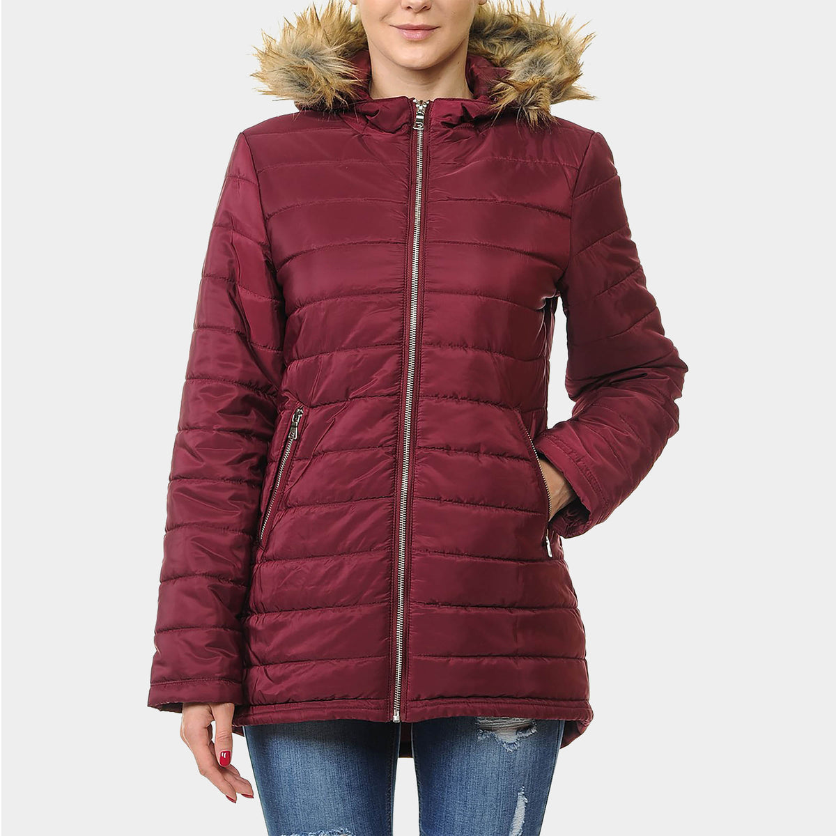 Women’s Hooded Puffer Jacket in puffer coat_bubble jacket_bubble coat_womens puffer coat_down coat_long puffer coat_puffer coat with fur hood_womens puffer coat with fur hood_Burgu