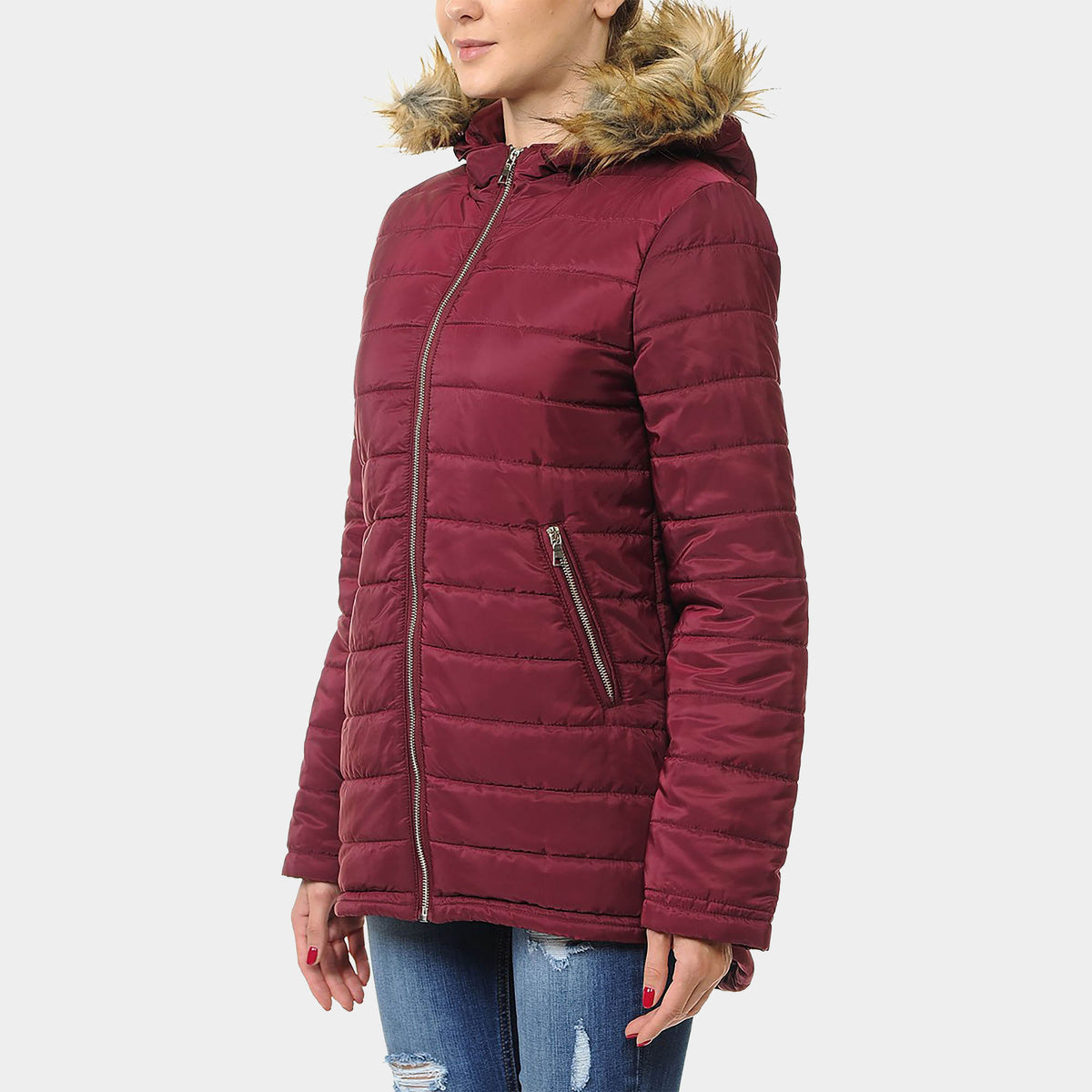 Women’s Hooded Puffer Jacket in puffer coat_bubble jacket_bubble coat_womens puffer coat_down coat_long puffer coat_puffer coat with fur hood_womens puffer coat with fur hood_Burgu