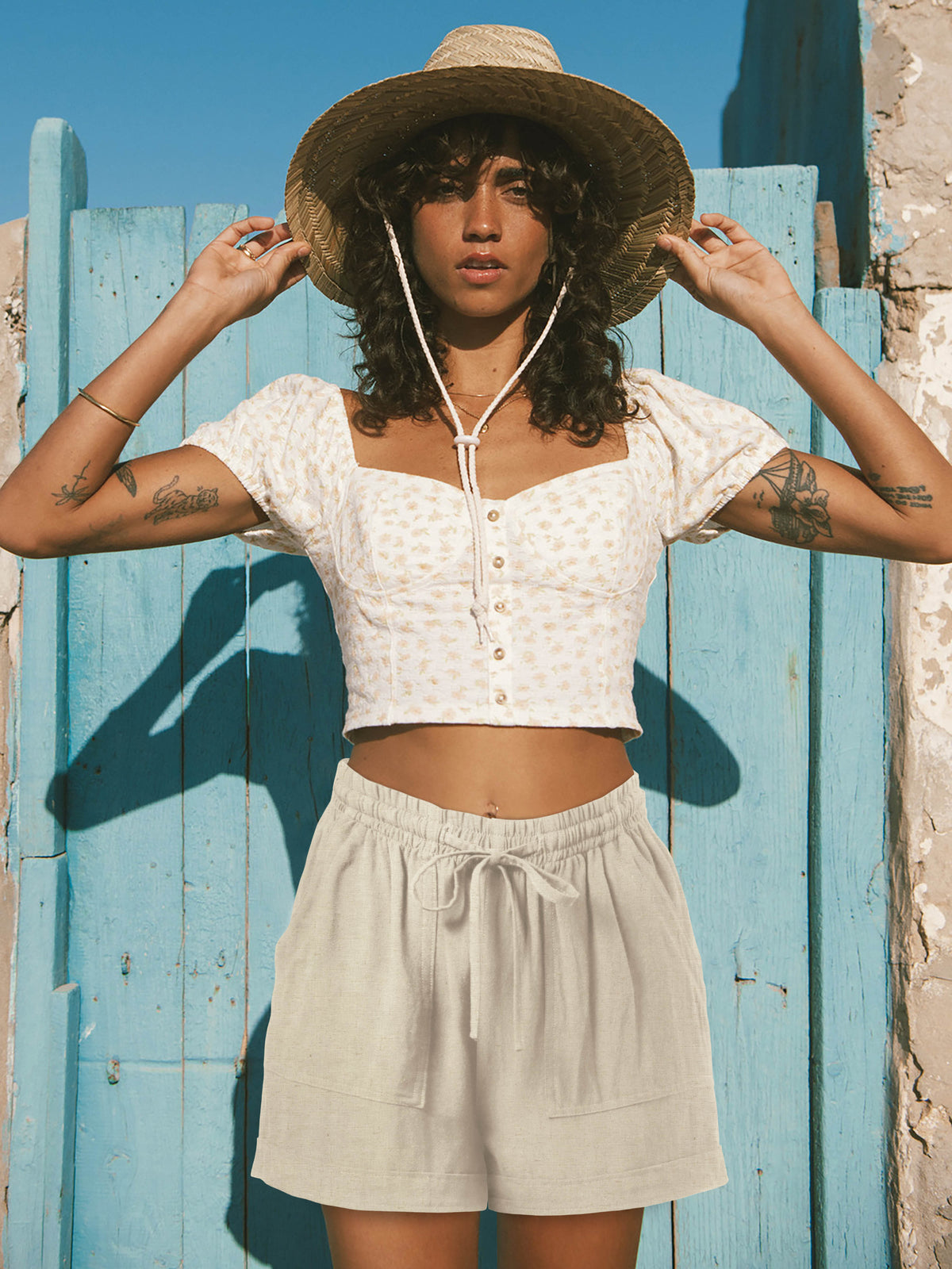 Women’s Linen Blend Beach Cover Up Shorts Vacation Resort Lounge [Slightly Sheer] in Natural Linen - Hat and Beyond casual shorts