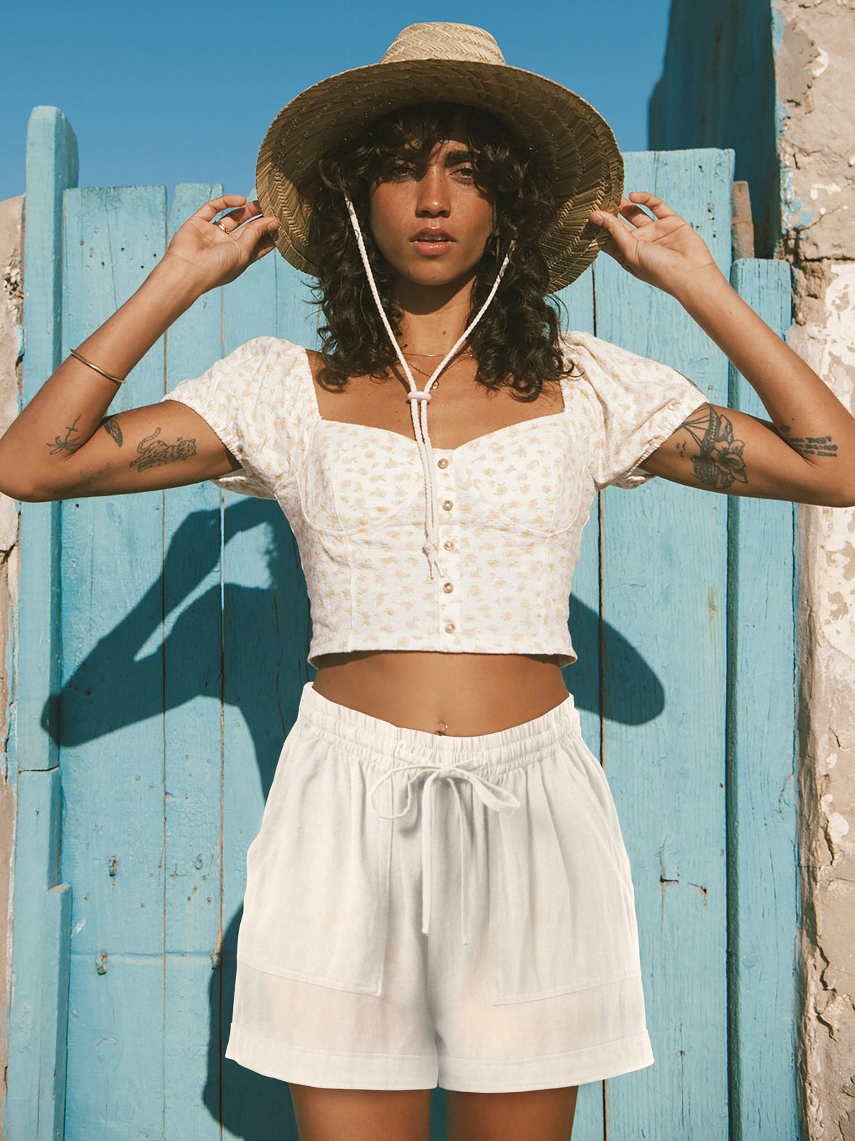 Women’s Linen Blend Beach Cover Up Shorts Vacation Resort Lounge [Slightly Sheer] in White - Hat and Beyond casual shorts