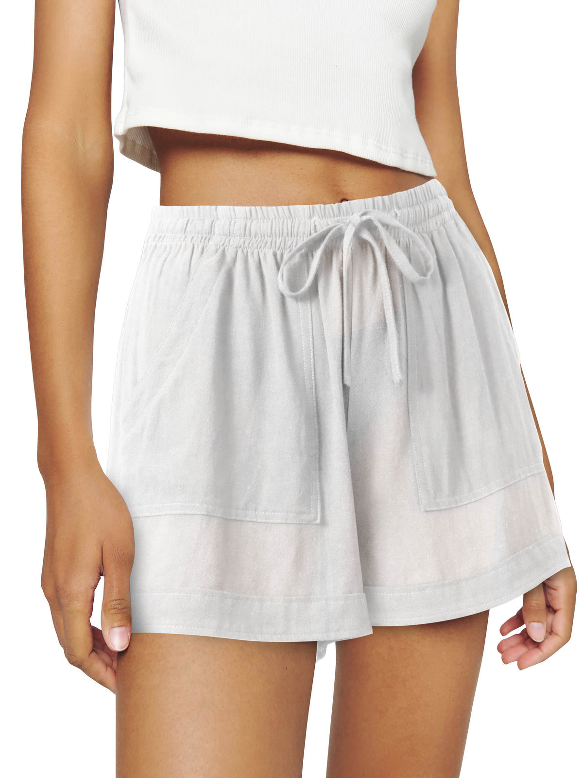 Women’s Linen Blend Beach Cover Up Shorts Vacation Resort Lounge [Slightly Sheer] in White - Hat and Beyond casual shorts
