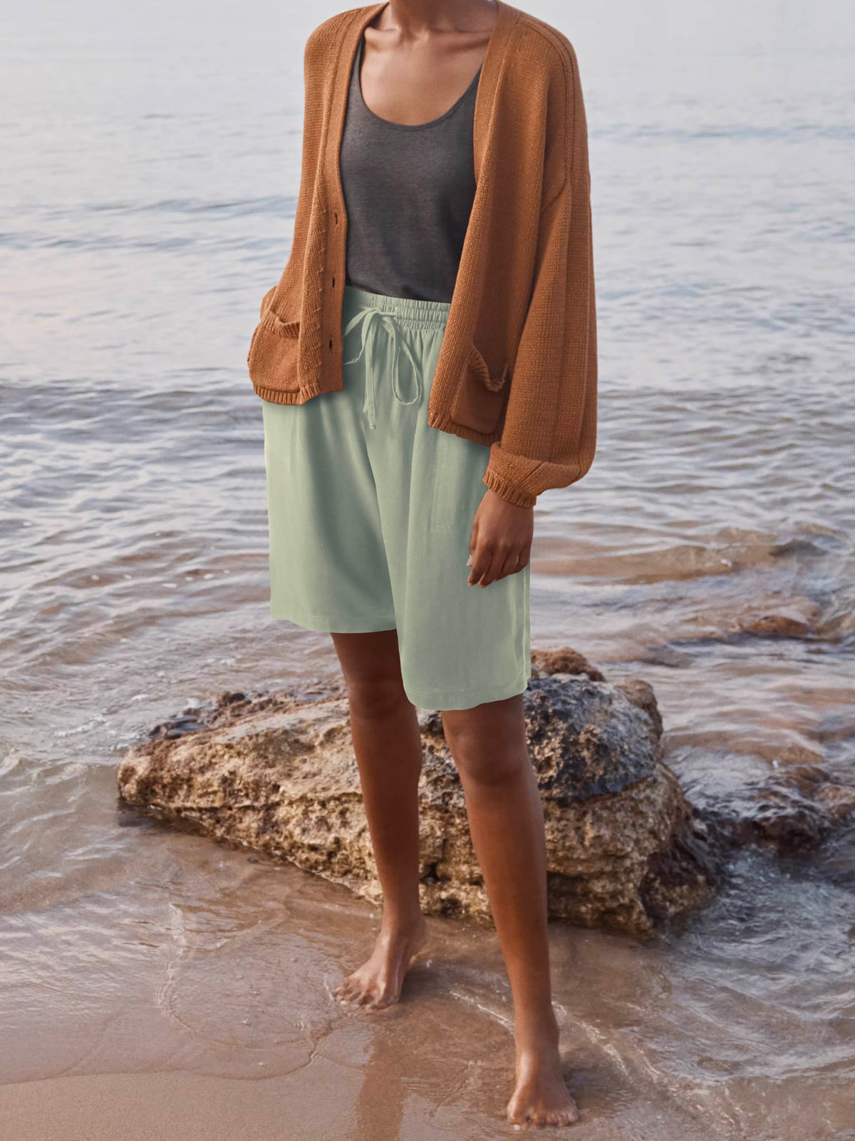 Women’s Beach Cover Long City Shorts [Slightly Sheer] in Olive - Hat and Beyond casual shorts