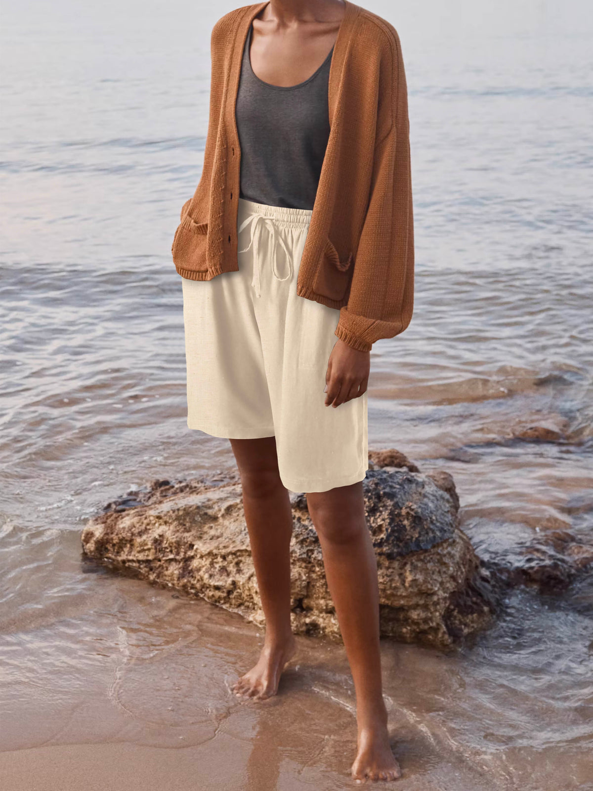 Women’s Beach Cover Long City Shorts [Slightly Sheer] in Natural Linen - Hat and Beyond casual shorts