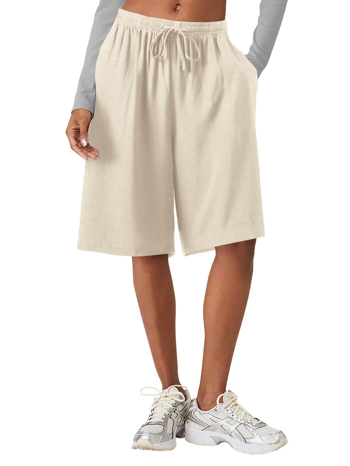 Women’s Beach Cover Long City Shorts [Slightly Sheer] in Natural Linen - Hat and Beyond casual shorts