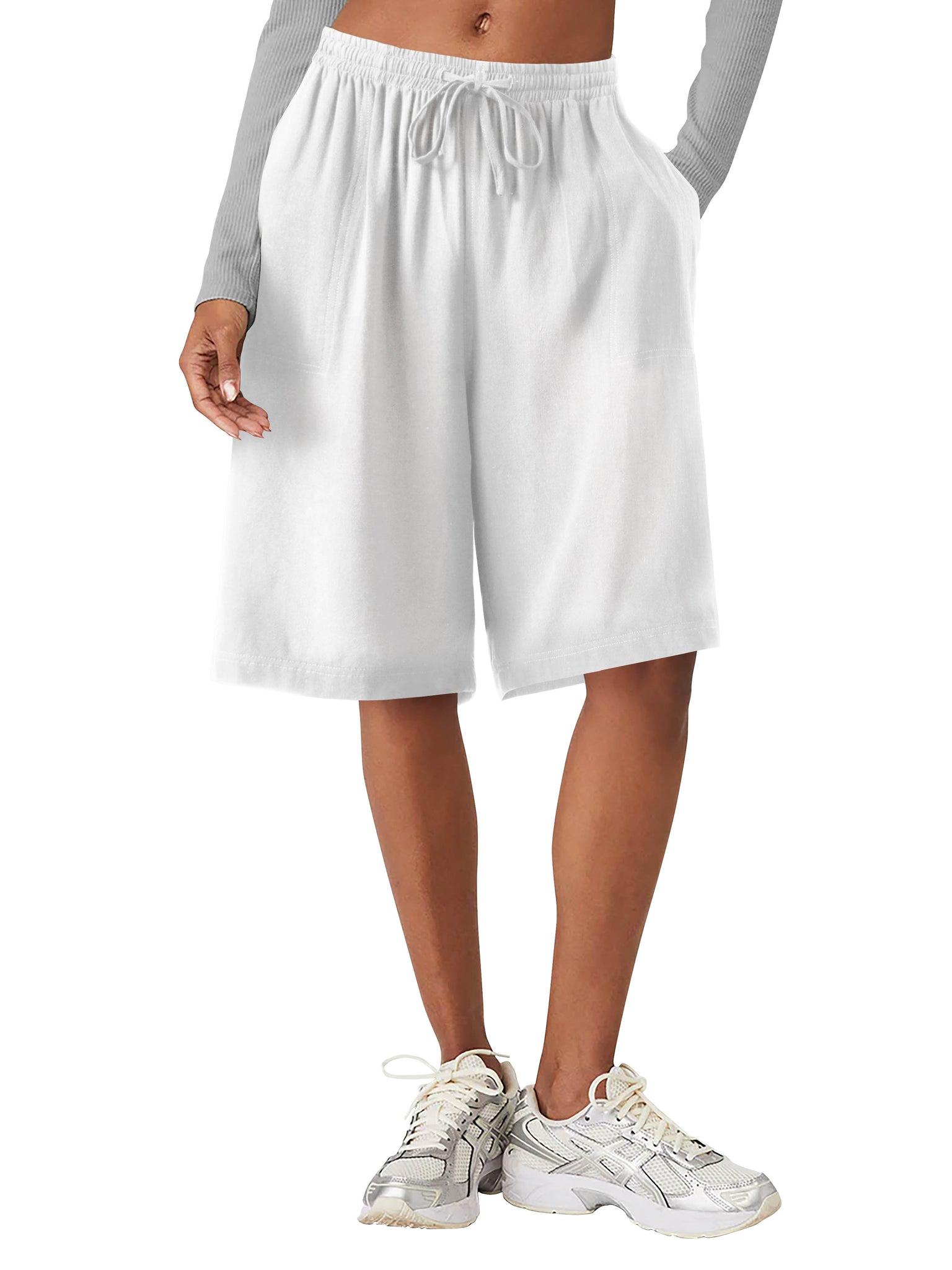 Design by Olivia Women's Drawstring Elastic Waist Casual Comfy Cotton Linen  Beach Shorts White S