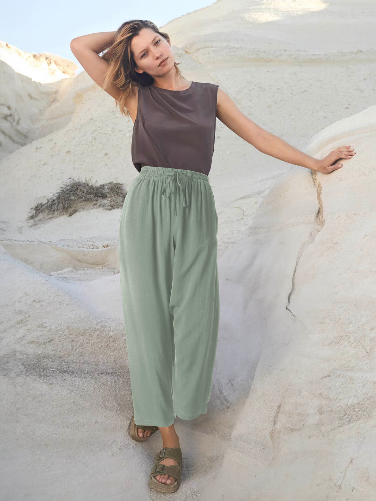 Women’s Capri Beach Cover Linen Pants in Olive - Hat and Beyond linen pants