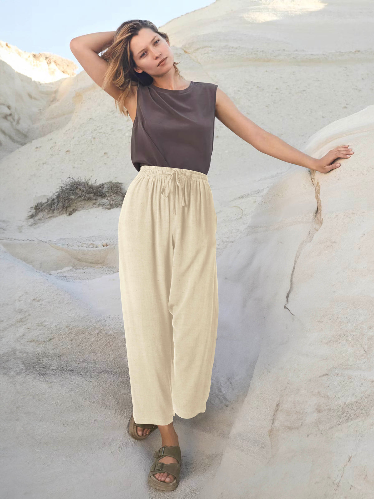 Women’s Capri Beach Cover Linen Pants in Natural Linen - Hat and Beyond linen pants
