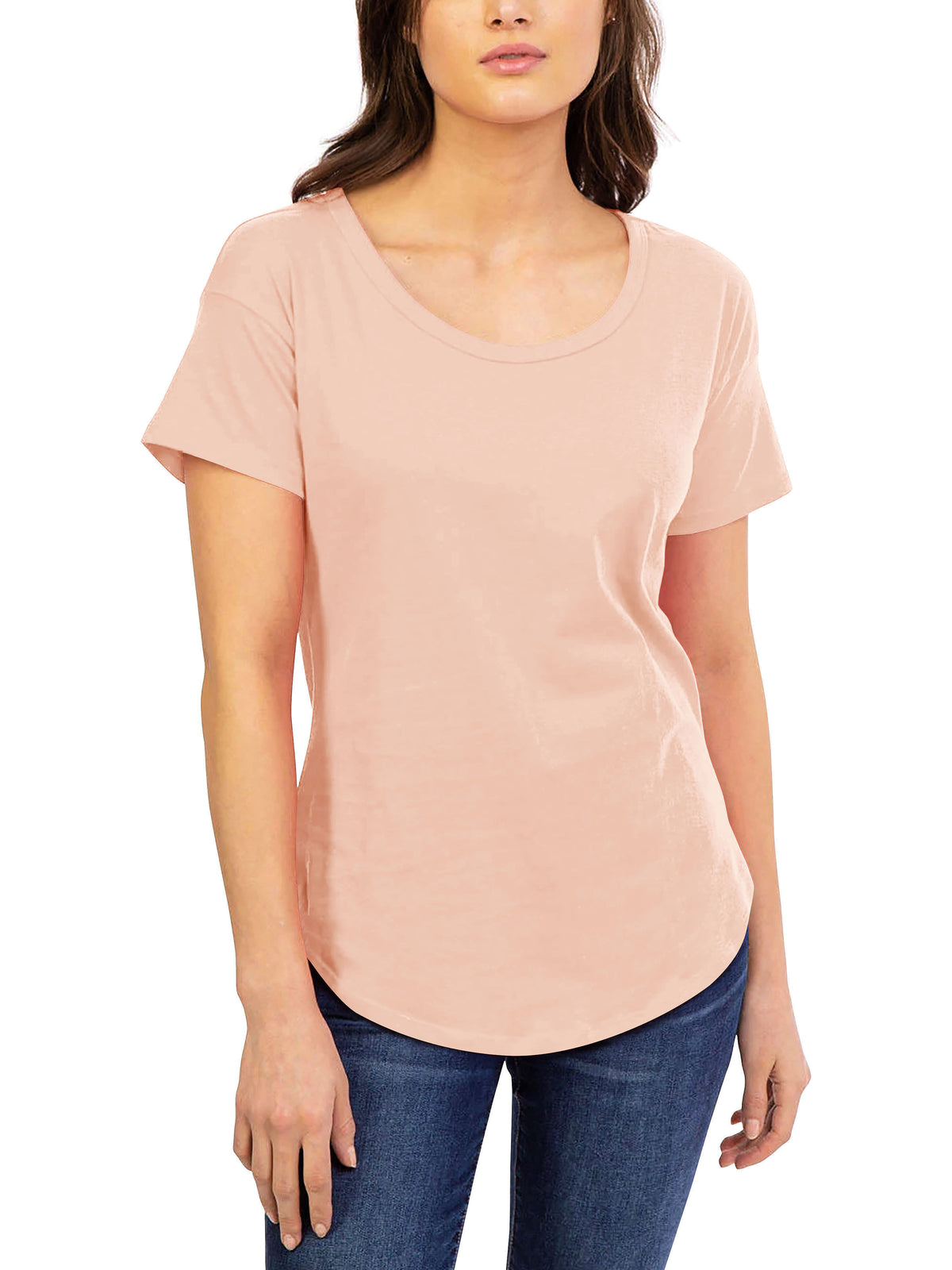 Women’s Scoop Neck Longline Tee Round Bottom T Short Sleeve Modal Shirts in Nude Pink - Hat and Beyond blank tee