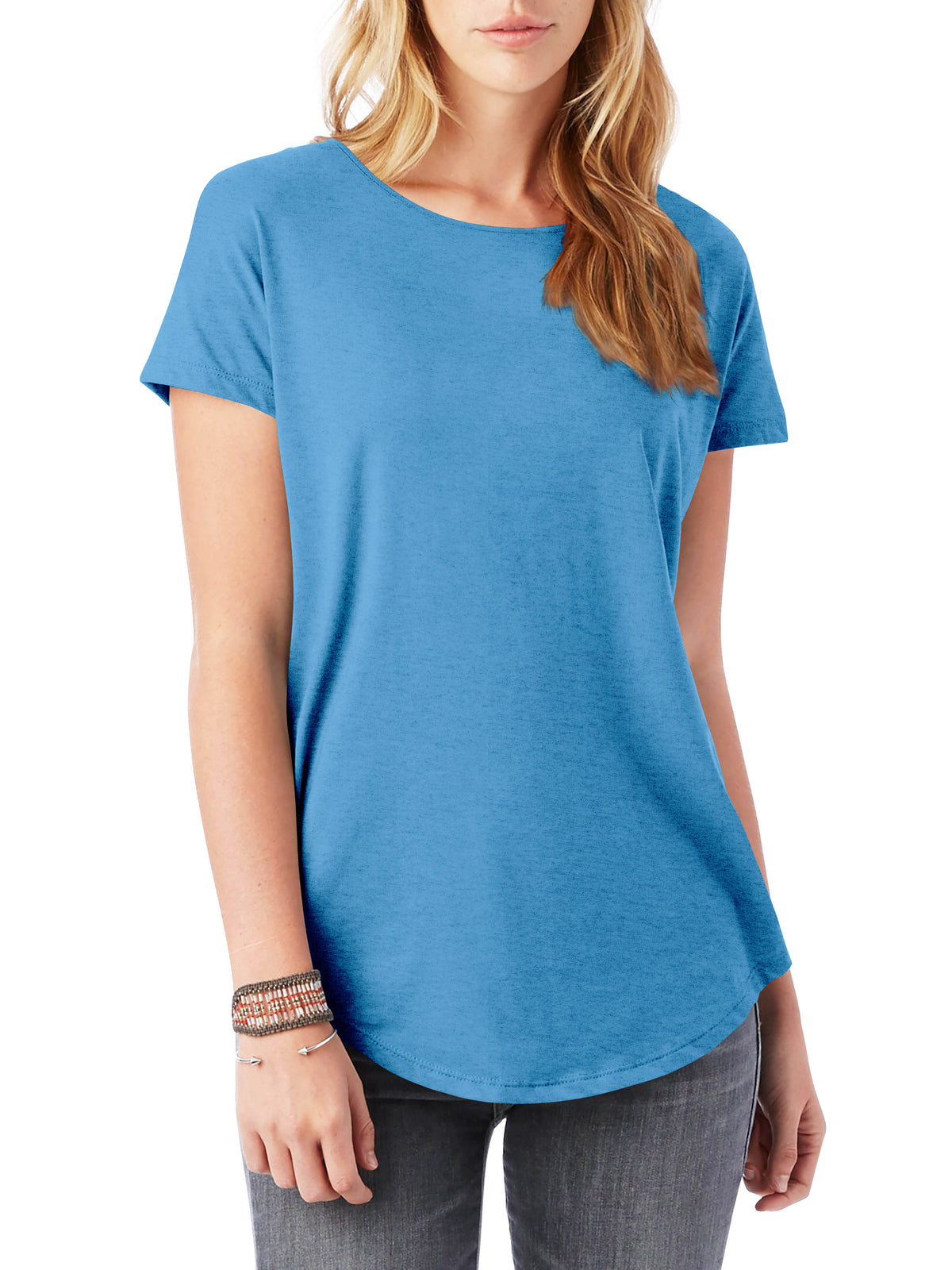 Women’s Lightweight Hipster Round Bottom Short Sleeve Tunic T Shirt in Azure Blue - Hat and Beyond blank tee