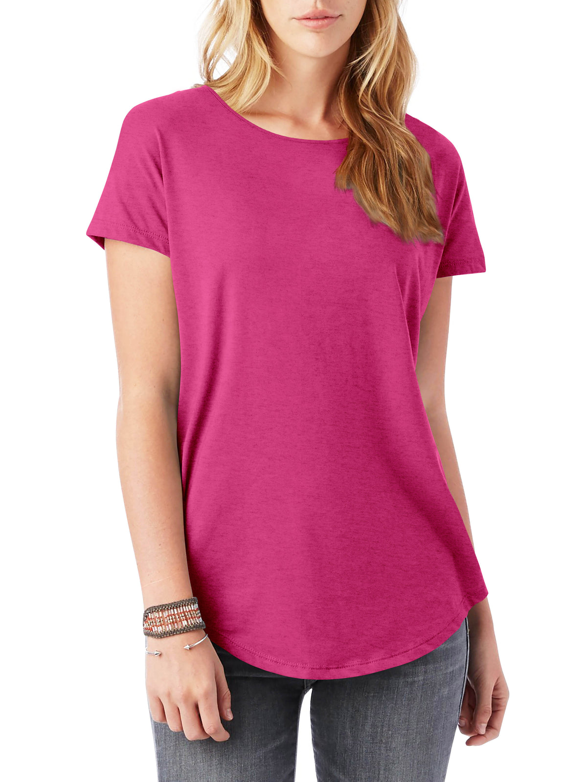 Women’s Lightweight Hipster Round Bottom Short Sleeve Tunic T Shirt in Hot Pink - Hat and Beyond blank tee