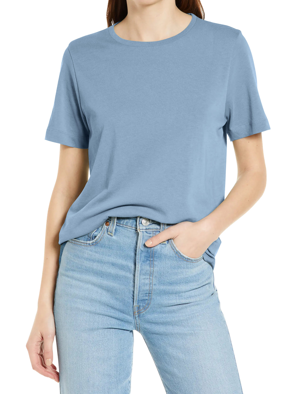 Women’s Basic Essential Soft Cotton Short Sleeve Crew Neck Tee in Blue Fog - Hat and Beyond blank tee