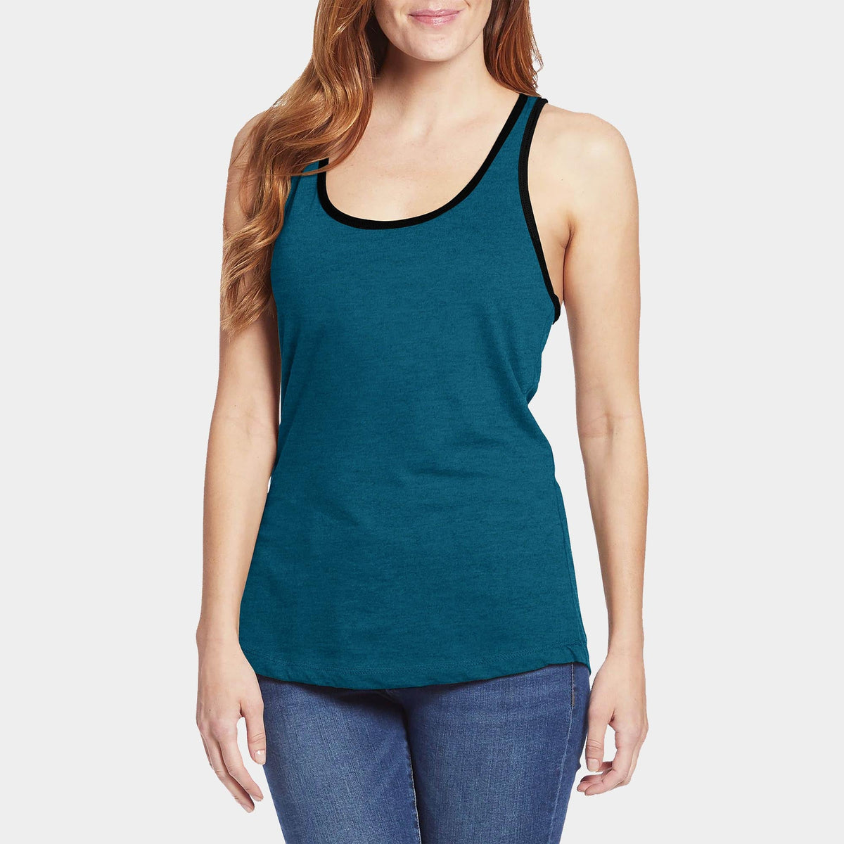 Women’s Tri-Blend Racer Back Tank Top with Contrast Binding in Cyan Caviar/Black - Hat and Beyond tank top