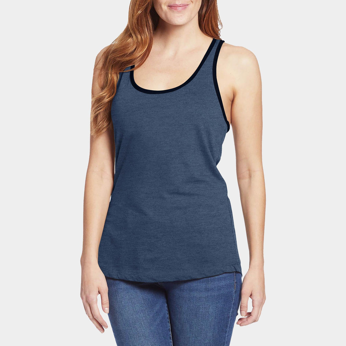 Women’s Tri-Blend Racer Back Tank Top with Contrast Binding in Denim Caviar/Black - Hat and Beyond tank top