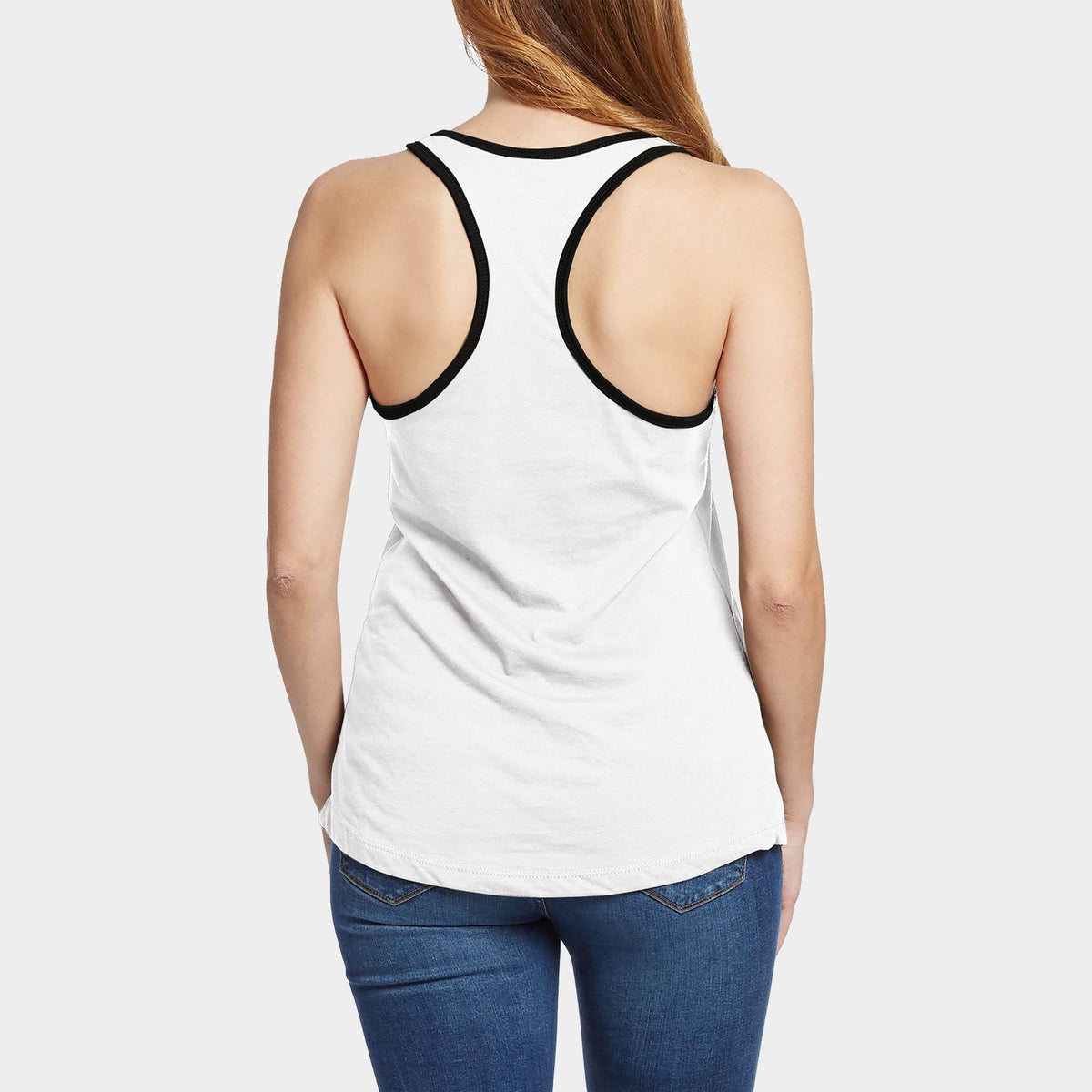 Women’s Tri-Blend Racer Back Tank Top with Contrast Binding in White/Black - Hat and Beyond tank top