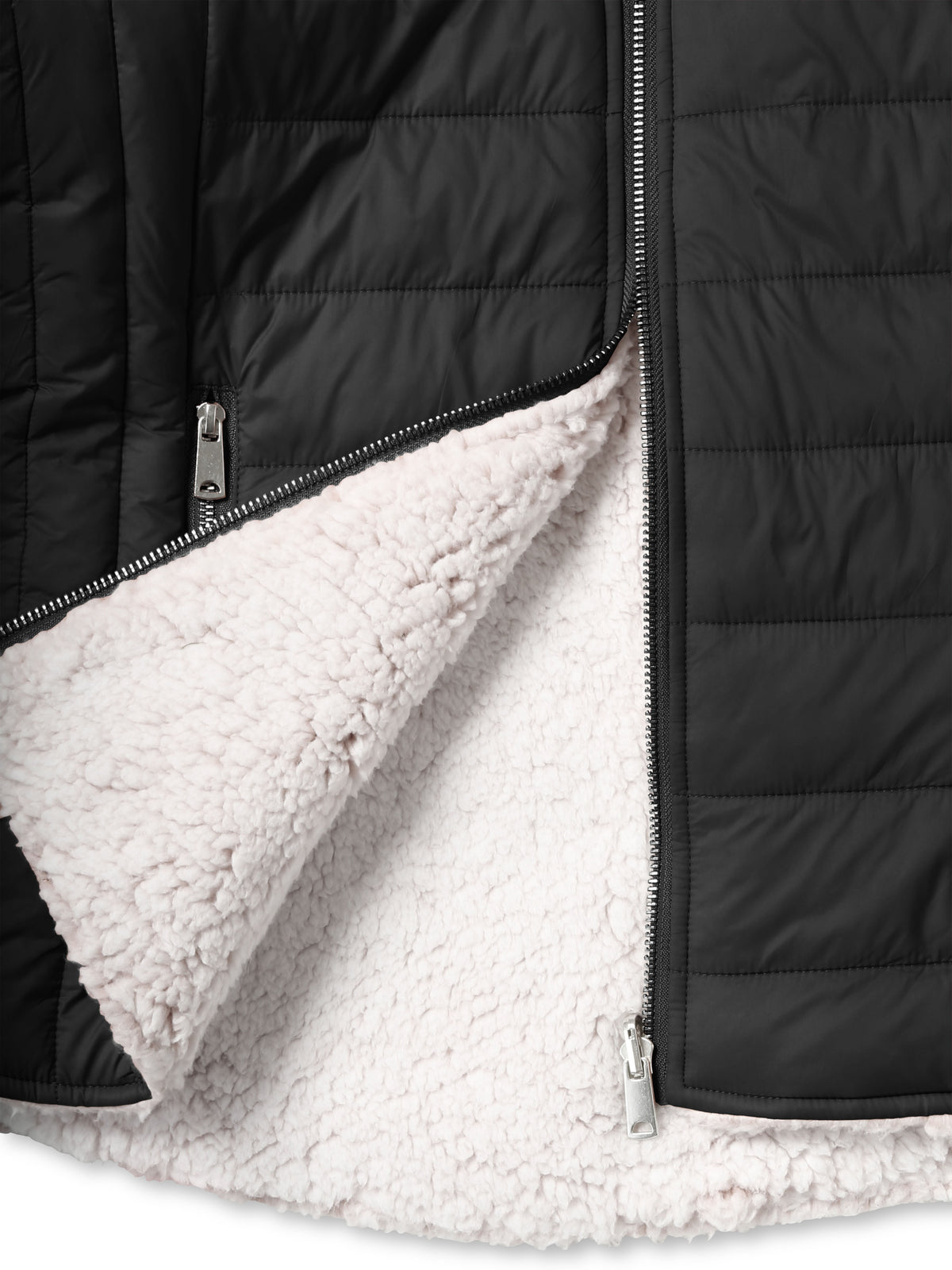Women’s Reversible Sherpa Fleece Puffer Hooded Jacket in ladies_reversible_jacket_hood_fleece_white_puffer_with_fur_black_collection_water_resistance_off_white_synthetic_alternativ