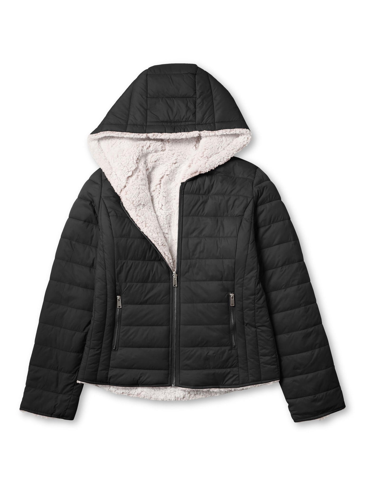 ladies_reversible_jacket_hood_fleece_white_puffer_with_fur_black_collection_water_resistance_off_white_synthetic_alternative_down_sherpa_lined_lightweight_military_parka_ski_coat_nuage_quilted_outerwear_warm_winter_fall_plush_padding_petite_mujer_chaqueta_outdoor_hike_performance_camping_commuter_short_midlength_Black