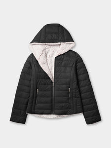 Womens Reversible Sherpa Fleece Puffer Hooded Jacket