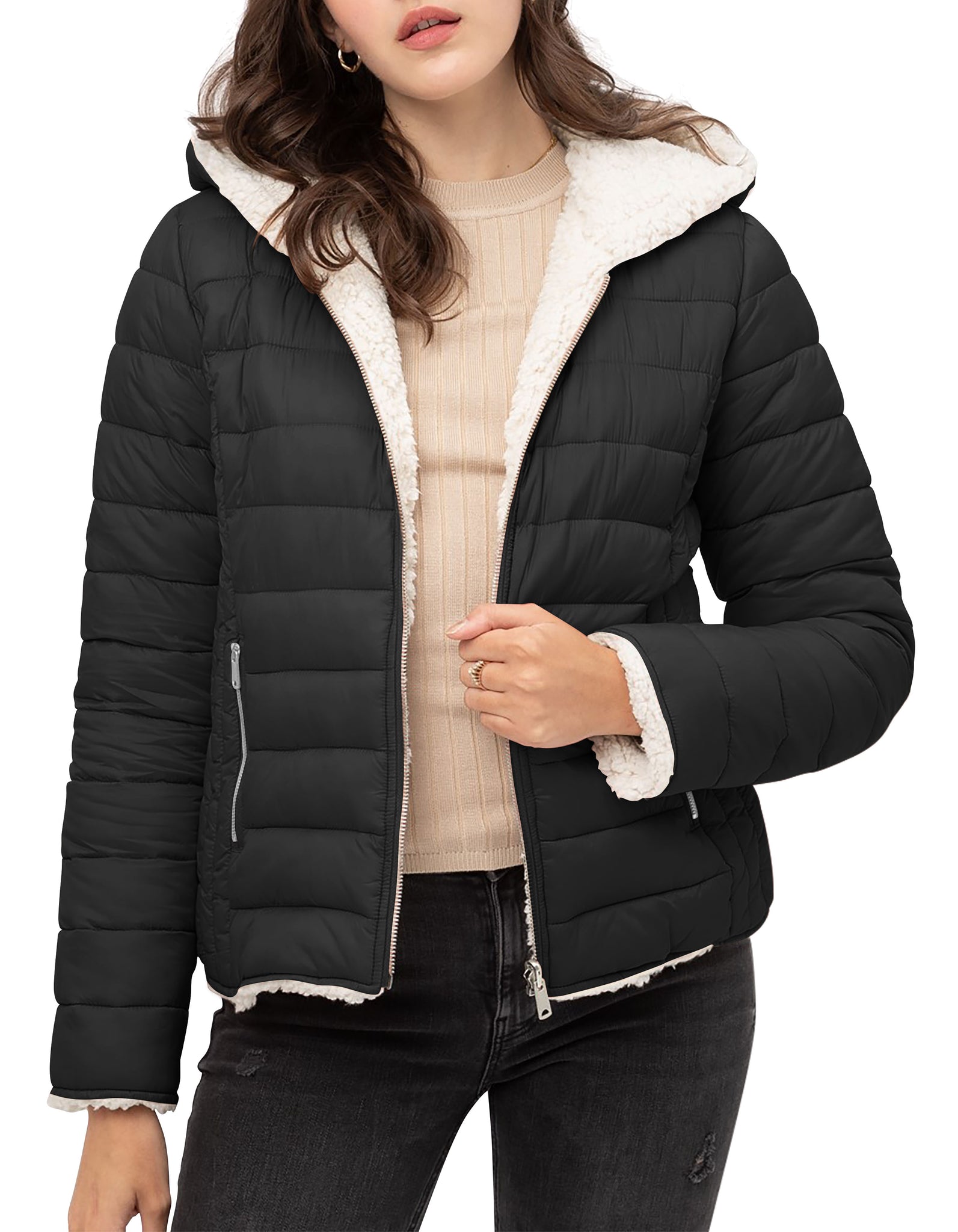 ladies_reversible_jacket_hood_fleece_white_puffer_with_fur_black_collection_water_resistance_off_white_synthetic_alternative_down_sherpa_lined_lightweight_military_parka_ski_coat_nuage_quilted_outerwear_warm_winter_fall_plush_padding_petite_mujer_chaqueta_outdoor_hike_performance_camping_commuter_short_midlength_Black