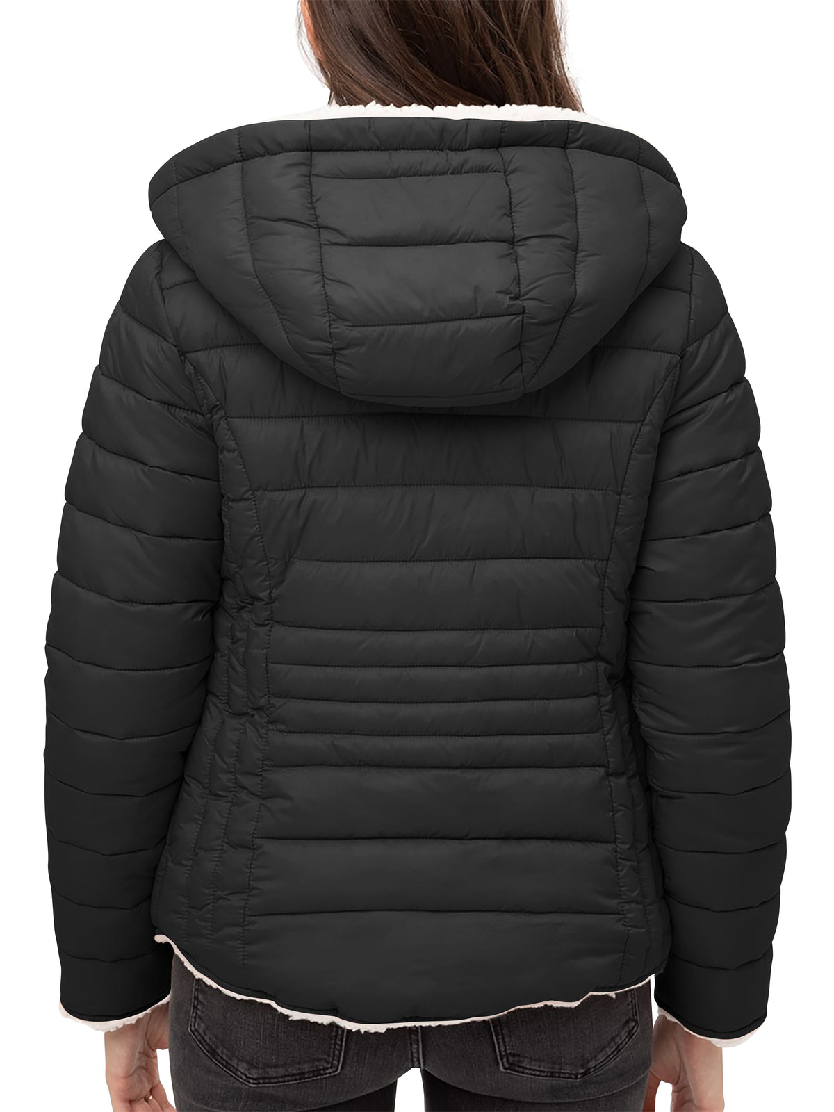 Women’s Reversible Sherpa Fleece Puffer Hooded Jacket in ladies_reversible_jacket_hood_fleece_white_puffer_with_fur_black_collection_water_resistance_off_white_synthetic_alternativ