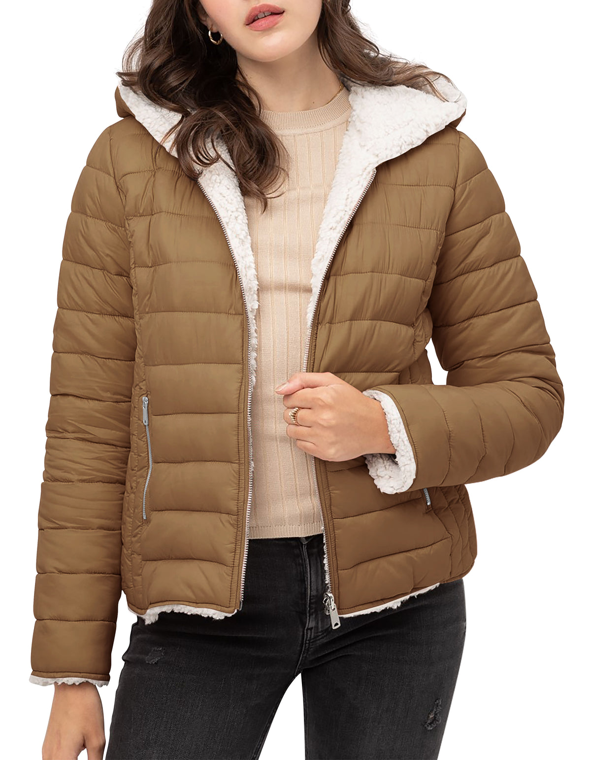 Women’s Reversible Sherpa Fleece Puffer Hooded Jacket in ladies_reversible_jacket_hood_fleece_white_puffer_with_fur_black_collection_water_resistance_off_white_synthetic_alternativ