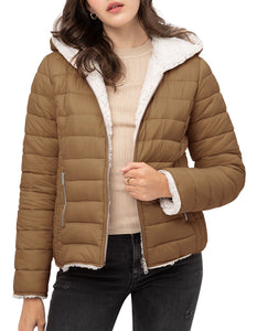 ladies_reversible_jacket_hood_fleece_white_puffer_with_fur_black_collection_water_resistance_off_white_synthetic_alternative_down_sherpa_lined_lightweight_military_parka_ski_coat_nuage_quilted_outerwear_warm_winter_fall_plush_padding_petite_mujer_chaqueta_outdoor_hike_performance_camping_commuter_short_midlength_Camel