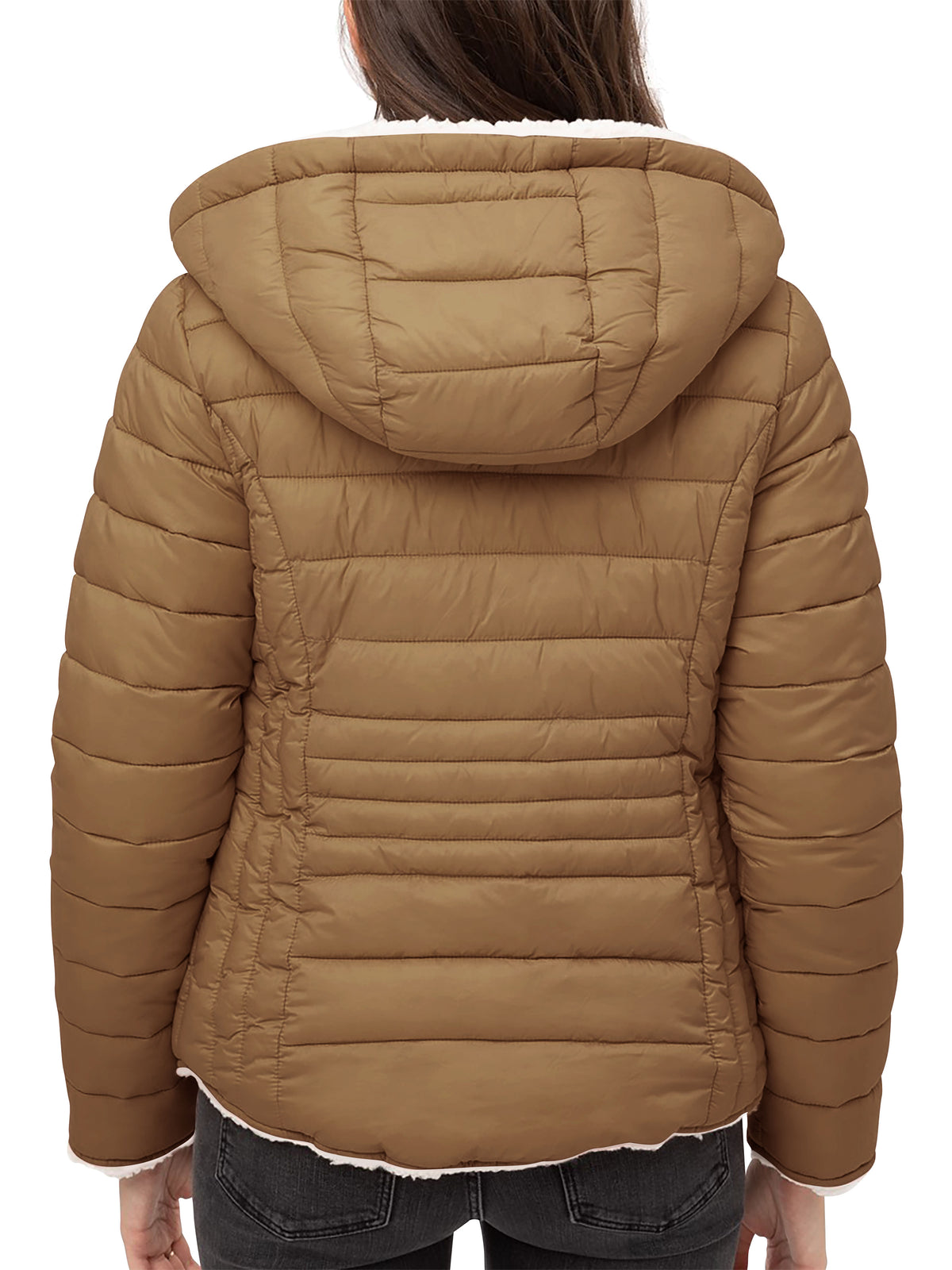 Women’s Reversible Sherpa Fleece Puffer Hooded Jacket in ladies_reversible_jacket_hood_fleece_white_puffer_with_fur_black_collection_water_resistance_off_white_synthetic_alternativ