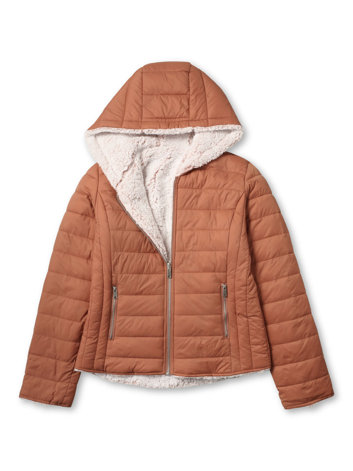 Women’s Reversible Sherpa Fleece Puffer Hooded Jacket in ladies_reversible_jacket_hood_fleece_white_puffer_with_fur_black_collection_water_resistance_off_white_synthetic_alternativ