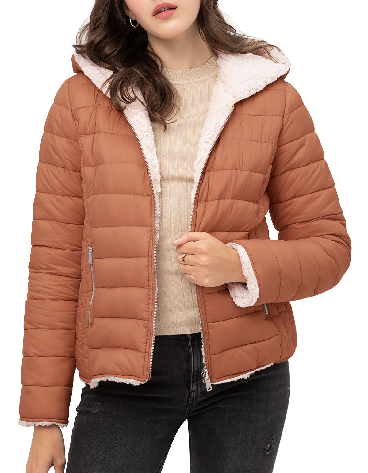 Women’s Reversible Sherpa Fleece Puffer Hooded Jacket in ladies_reversible_jacket_hood_fleece_white_puffer_with_fur_black_collection_water_resistance_off_white_synthetic_alternativ