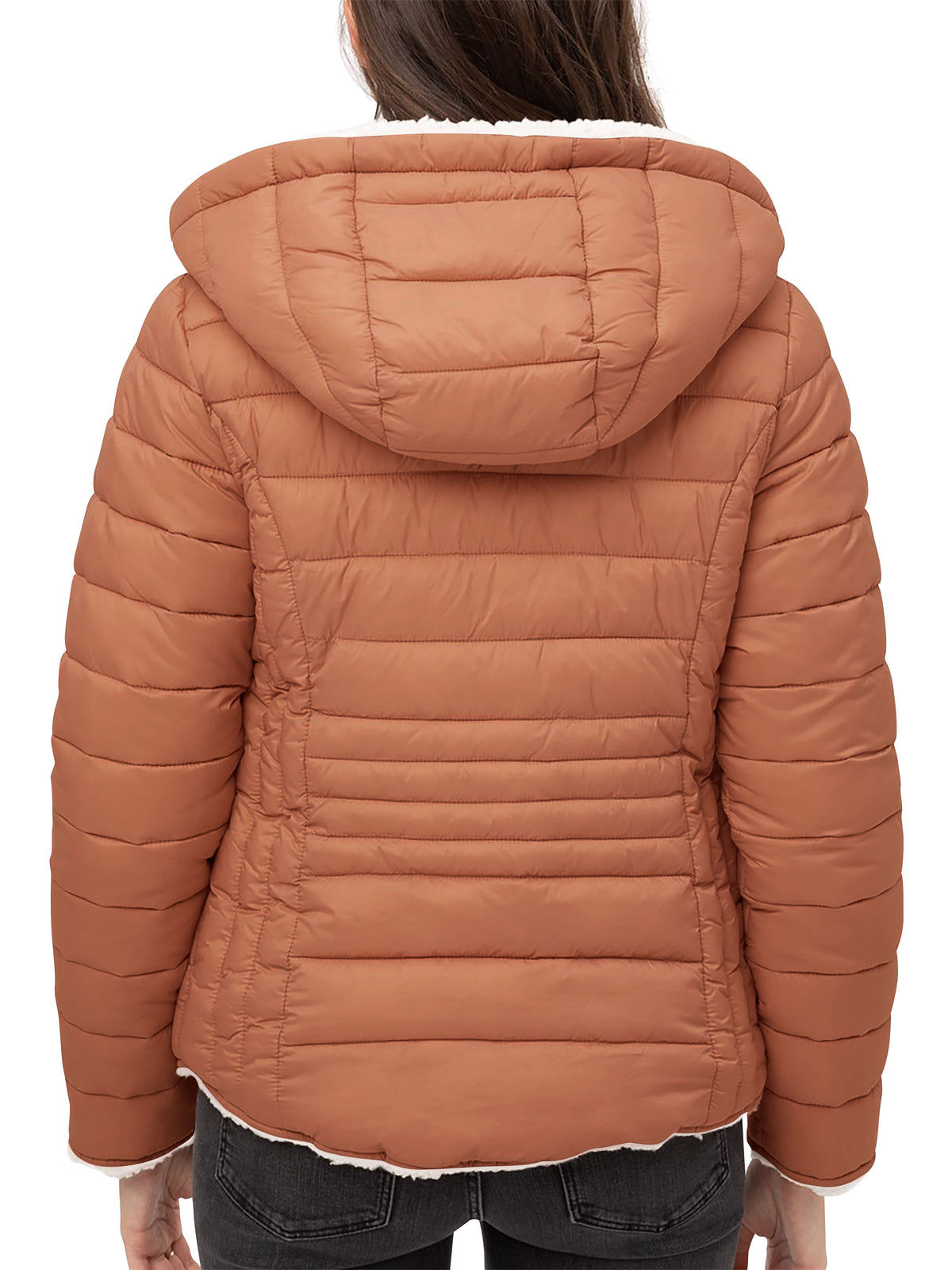 Women’s Reversible Sherpa Fleece Puffer Hooded Jacket in ladies_reversible_jacket_hood_fleece_white_puffer_with_fur_black_collection_water_resistance_off_white_synthetic_alternativ