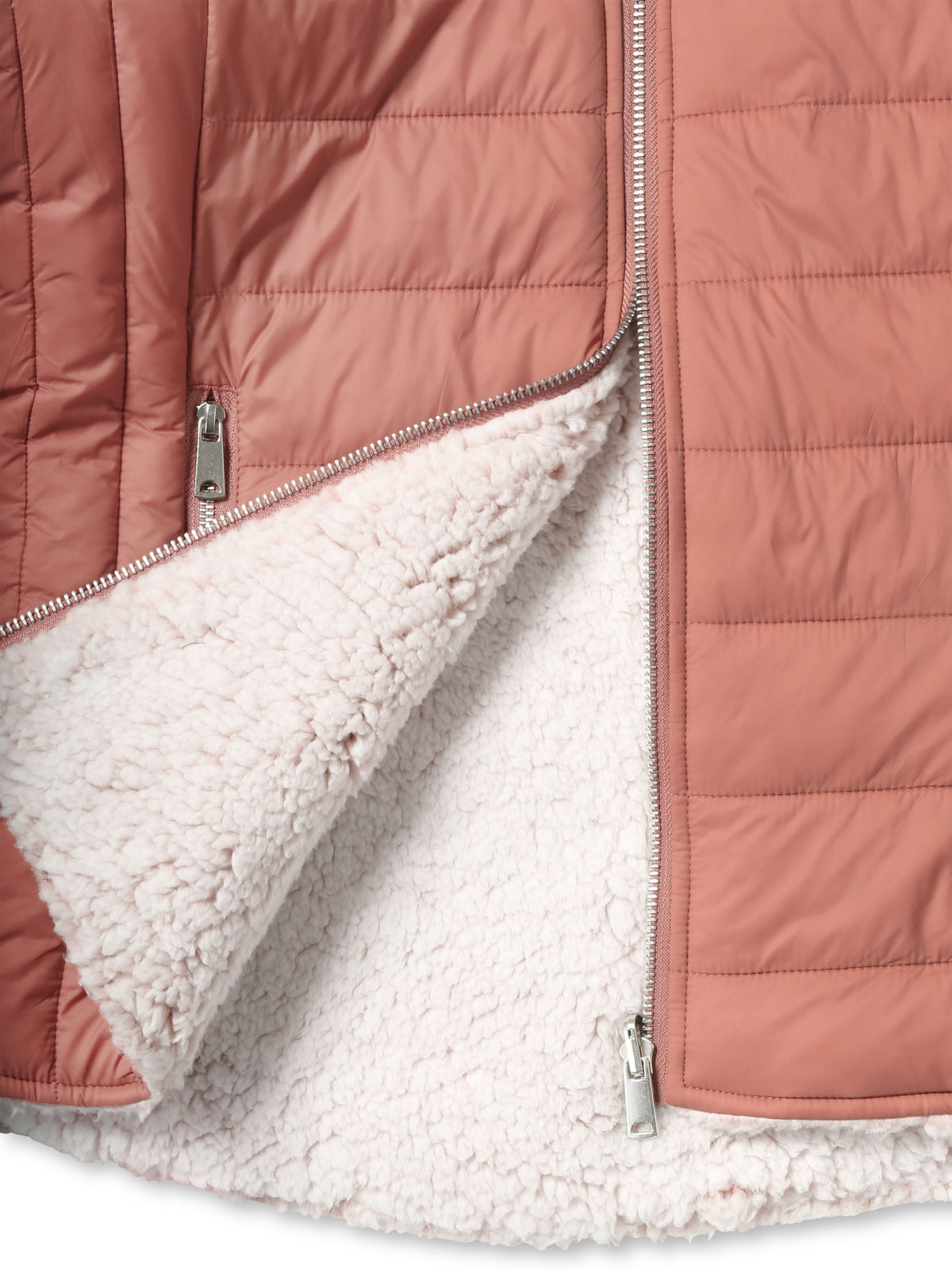 Women’s Reversible Sherpa Fleece Puffer Hooded Jacket in ladies_reversible_jacket_hood_fleece_white_puffer_with_fur_black_collection_water_resistance_off_white_synthetic_alternativ