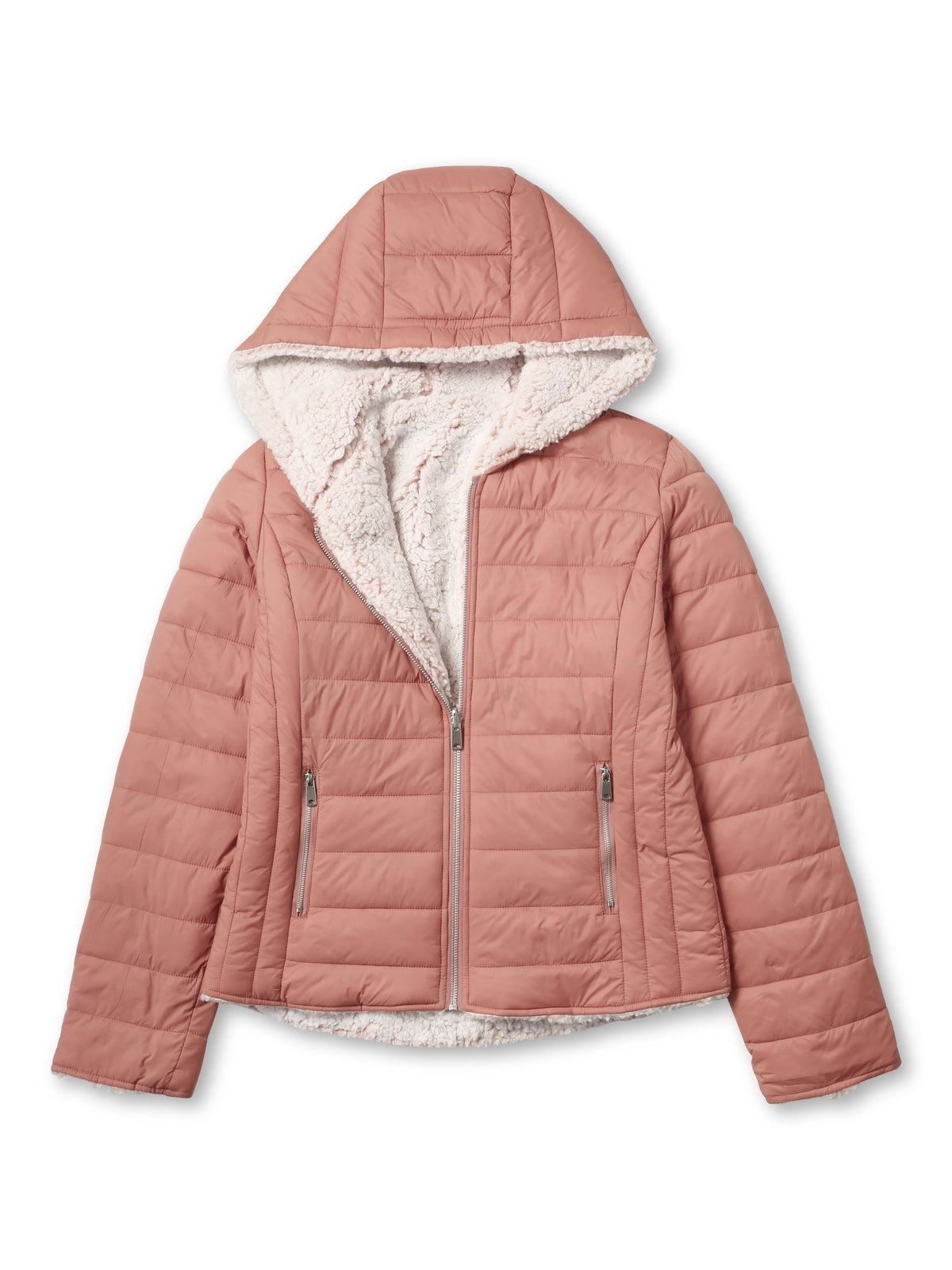 Women’s Reversible Sherpa Fleece Puffer Hooded Jacket in ladies_reversible_jacket_hood_fleece_white_puffer_with_fur_black_collection_water_resistance_off_white_synthetic_alternativ