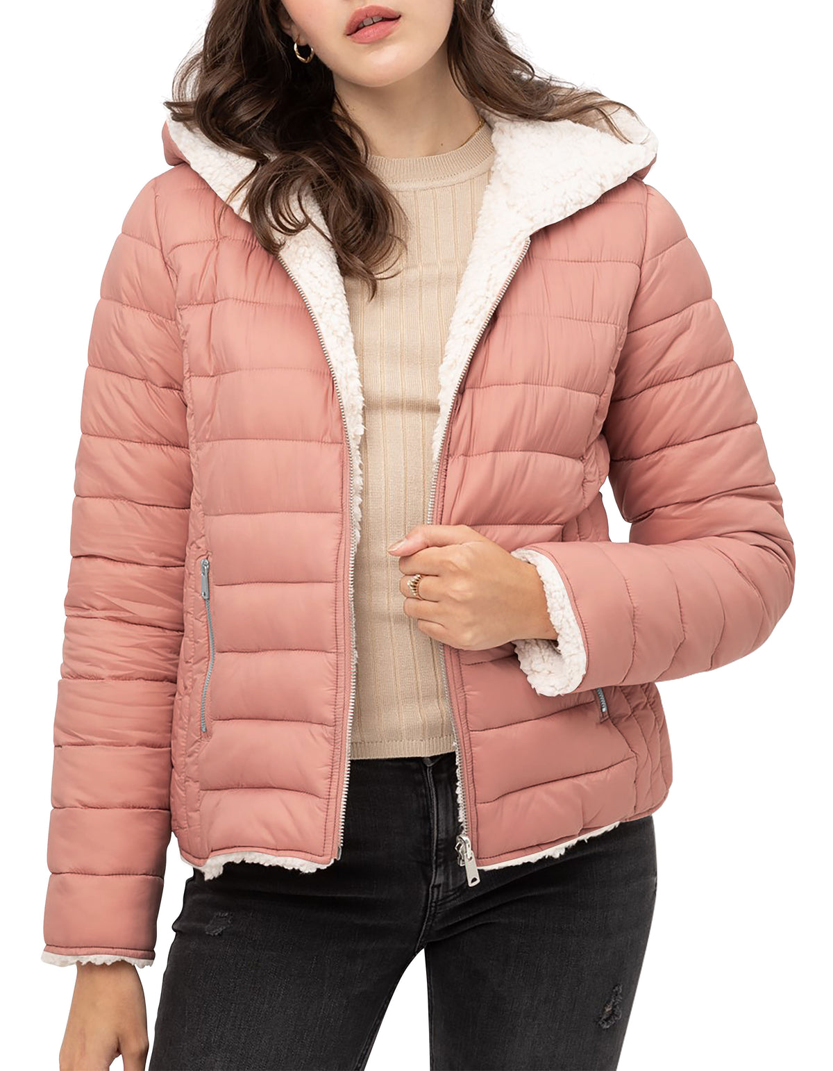 Women’s Reversible Sherpa Fleece Puffer Hooded Jacket in ladies_reversible_jacket_hood_fleece_white_puffer_with_fur_black_collection_water_resistance_off_white_synthetic_alternativ