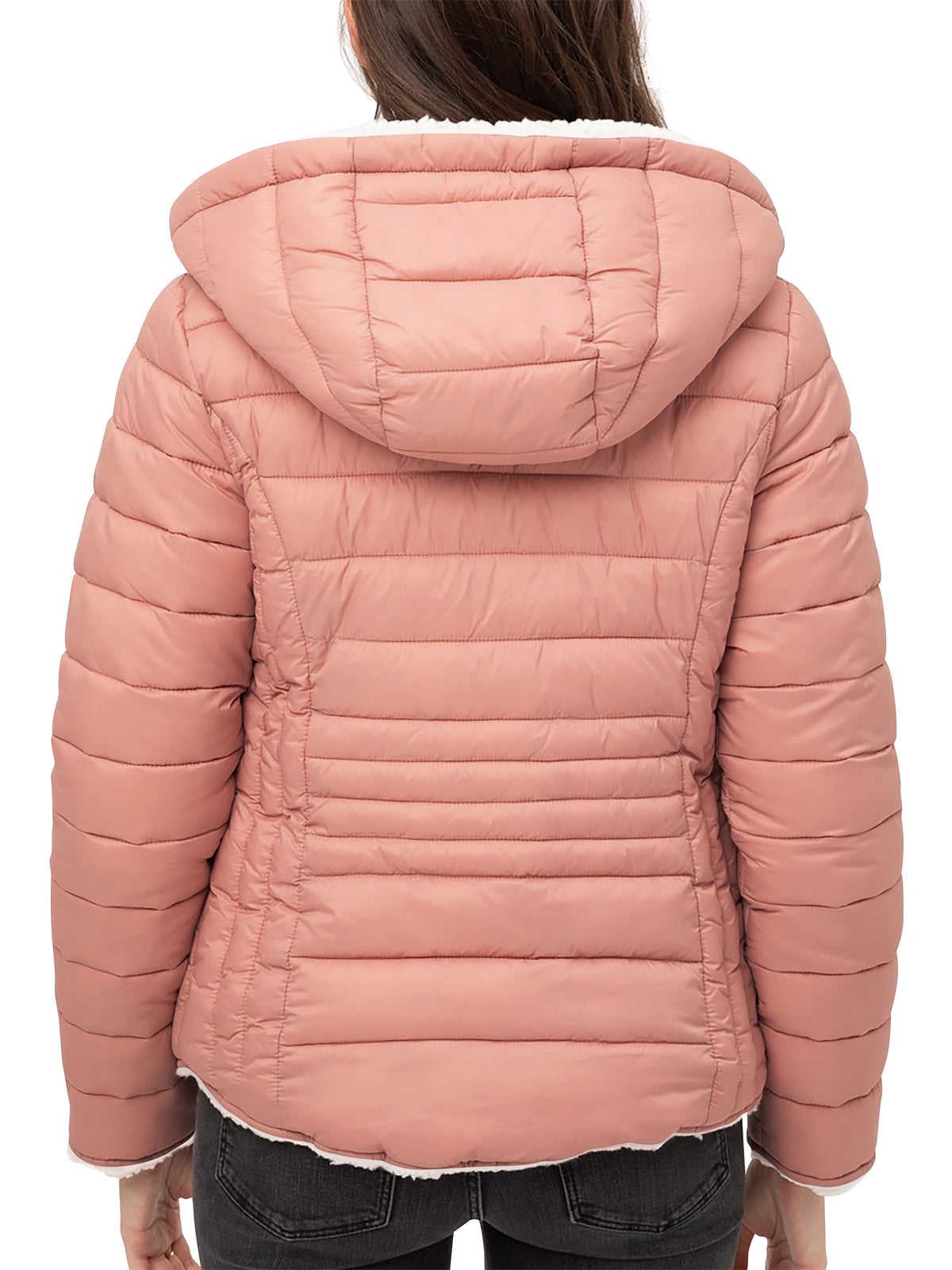 Women’s Reversible Sherpa Fleece Puffer Hooded Jacket in ladies_reversible_jacket_hood_fleece_white_puffer_with_fur_black_collection_water_resistance_off_white_synthetic_alternativ