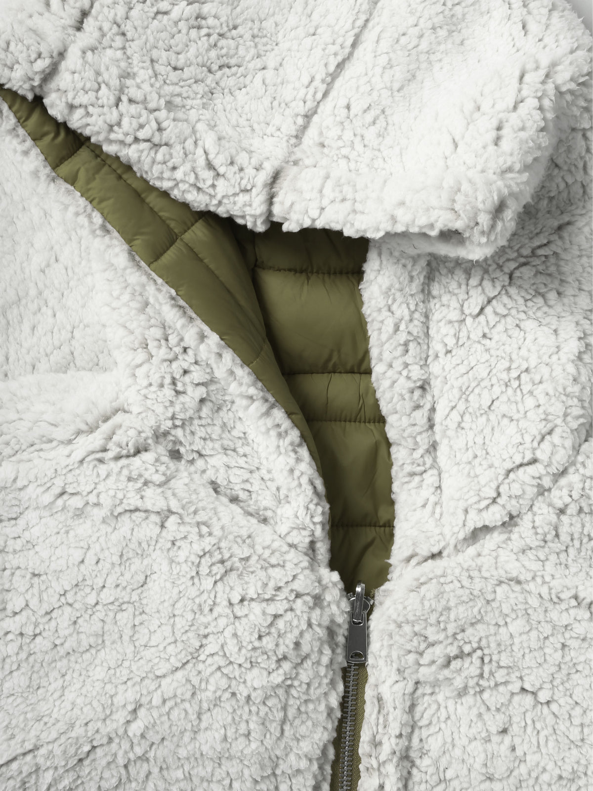 Women’s Reversible Sherpa Fleece Puffer Hooded Jacket in ladies_reversible_jacket_hood_fleece_white_puffer_with_fur_black_collection_water_resistance_off_white_synthetic_alternativ