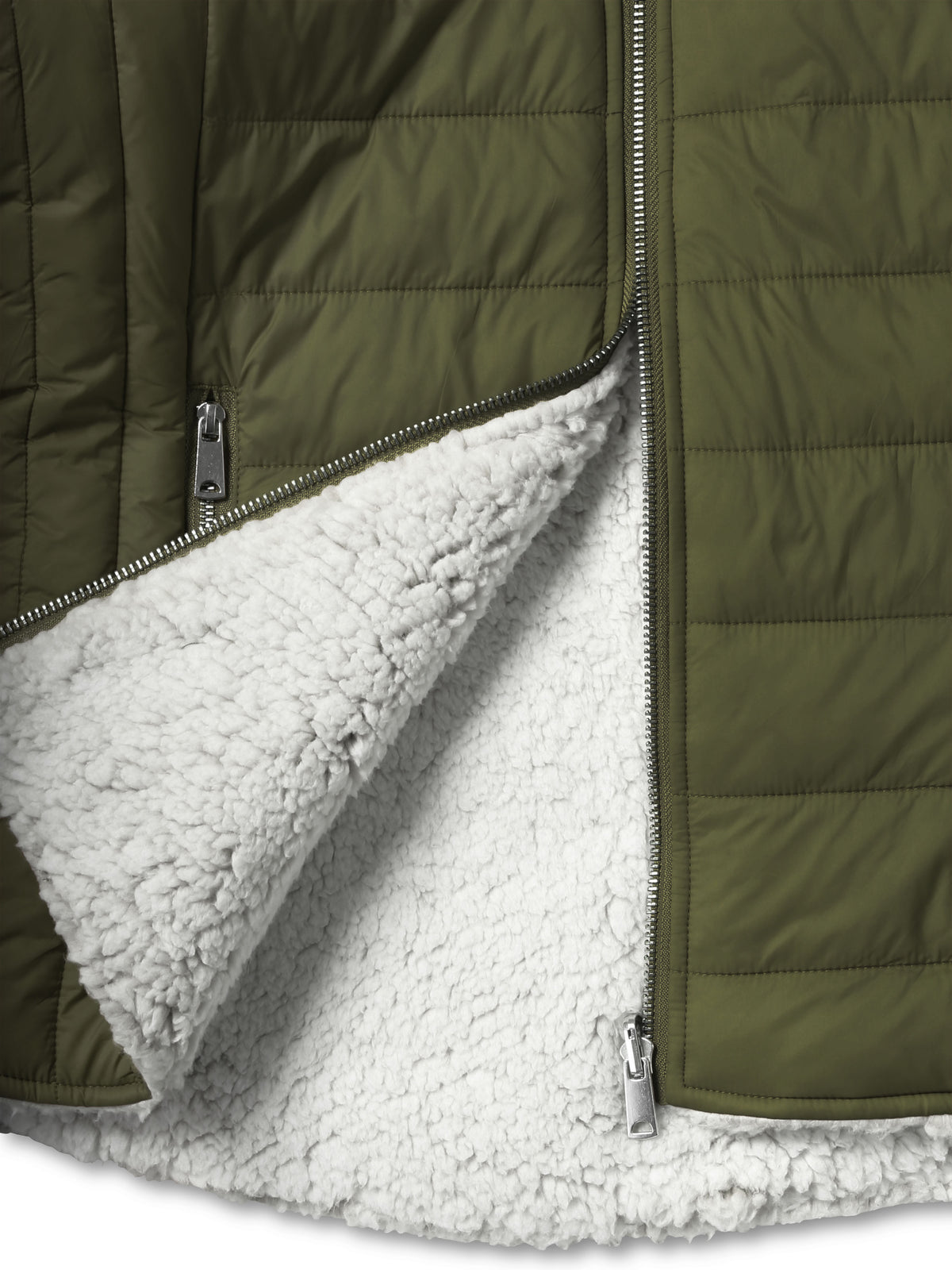 Women’s Reversible Sherpa Fleece Puffer Hooded Jacket in ladies_reversible_jacket_hood_fleece_white_puffer_with_fur_black_collection_water_resistance_off_white_synthetic_alternativ