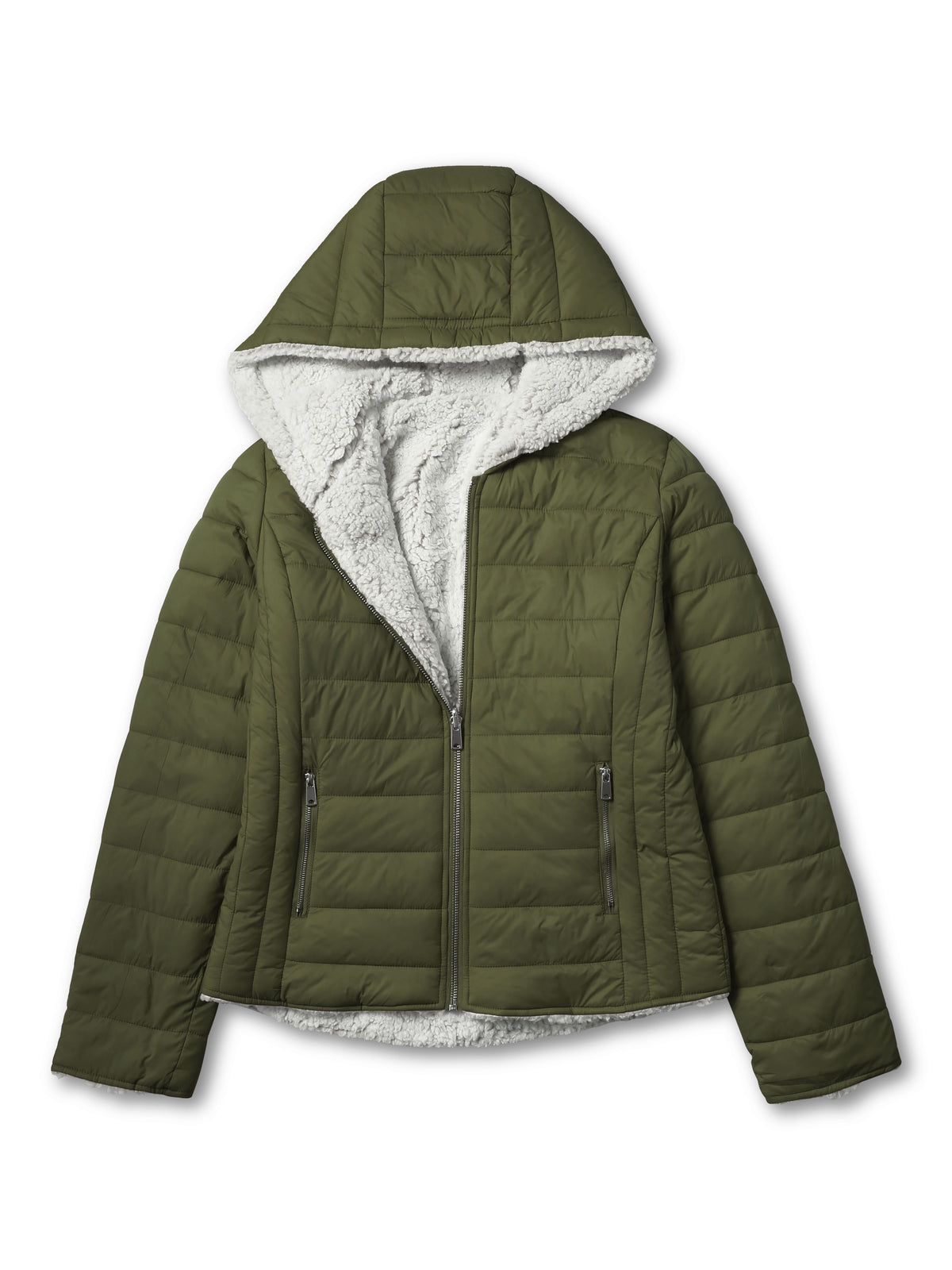 Women’s Reversible Sherpa Fleece Puffer Hooded Jacket in ladies_reversible_jacket_hood_fleece_white_puffer_with_fur_black_collection_water_resistance_off_white_synthetic_alternativ