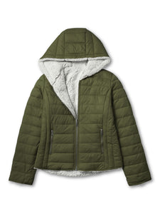 ladies_reversible_jacket_hood_fleece_white_puffer_with_fur_black_collection_water_resistance_off_white_synthetic_alternative_down_sherpa_lined_lightweight_military_parka_ski_coat_nuage_quilted_outerwear_warm_winter_fall_plush_padding_petite_mujer_chaqueta_outdoor_hike_performance_camping_commuter_short_midlength_Olive