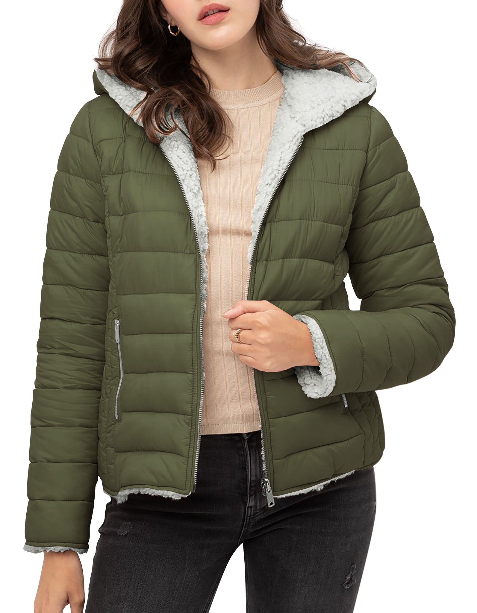 ladies_reversible_jacket_hood_fleece_white_puffer_with_fur_black_collection_water_resistance_off_white_synthetic_alternative_down_sherpa_lined_lightweight_military_parka_ski_coat_nuage_quilted_outerwear_warm_winter_fall_plush_padding_petite_mujer_chaqueta_outdoor_hike_performance_camping_commuter_short_midlength_Olive