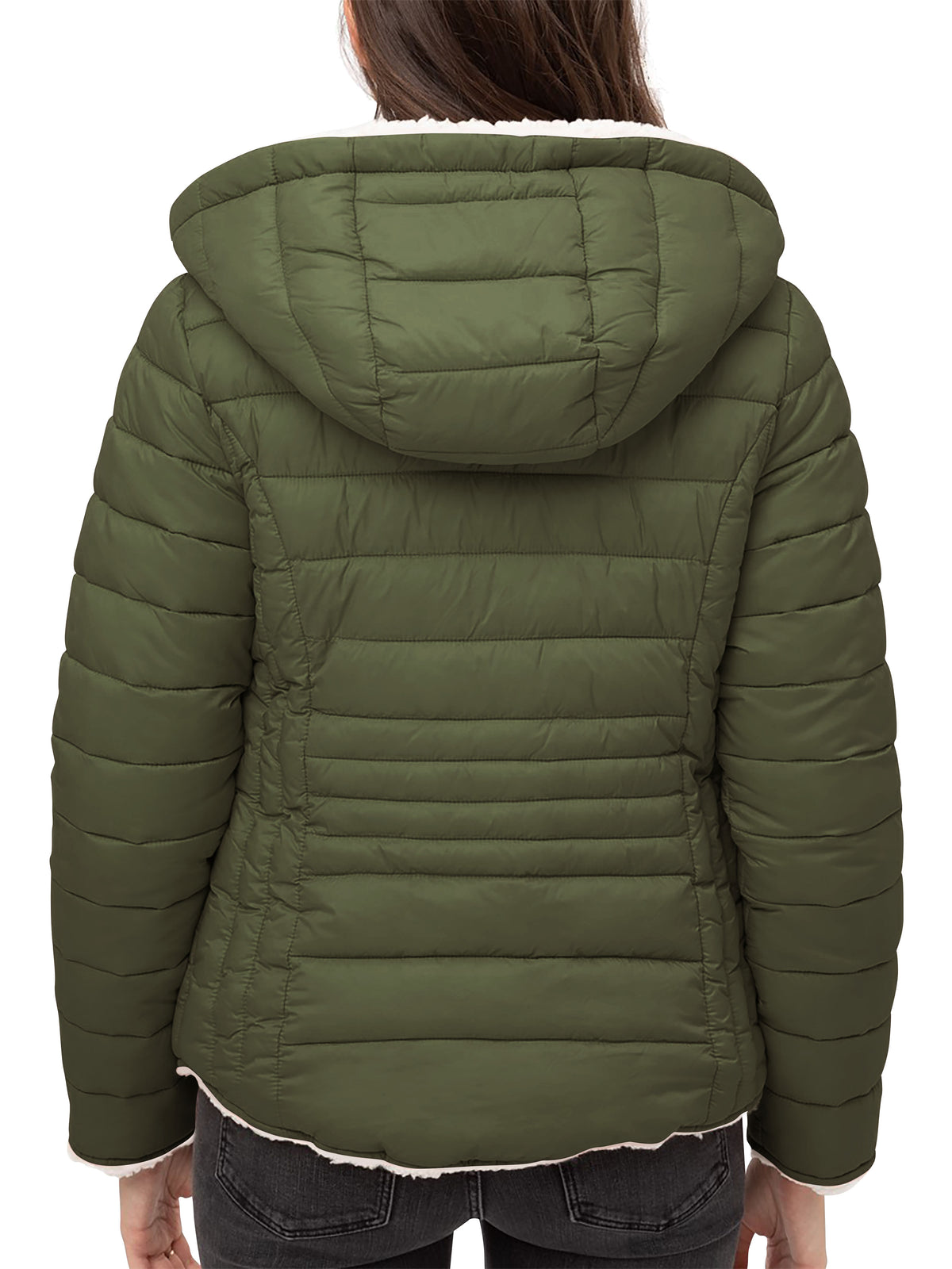 Women’s Reversible Sherpa Fleece Puffer Hooded Jacket in ladies_reversible_jacket_hood_fleece_white_puffer_with_fur_black_collection_water_resistance_off_white_synthetic_alternativ