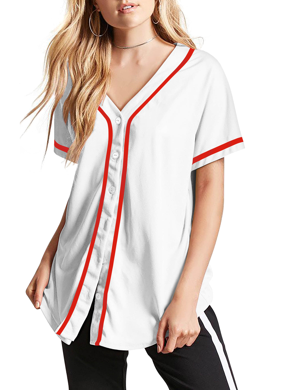 Women’s Baseball Striped Button Down Jersey in Women's Baseball Striped Button Down Jersey - Hat and Beyond - Hat and Beyond baseball jersey